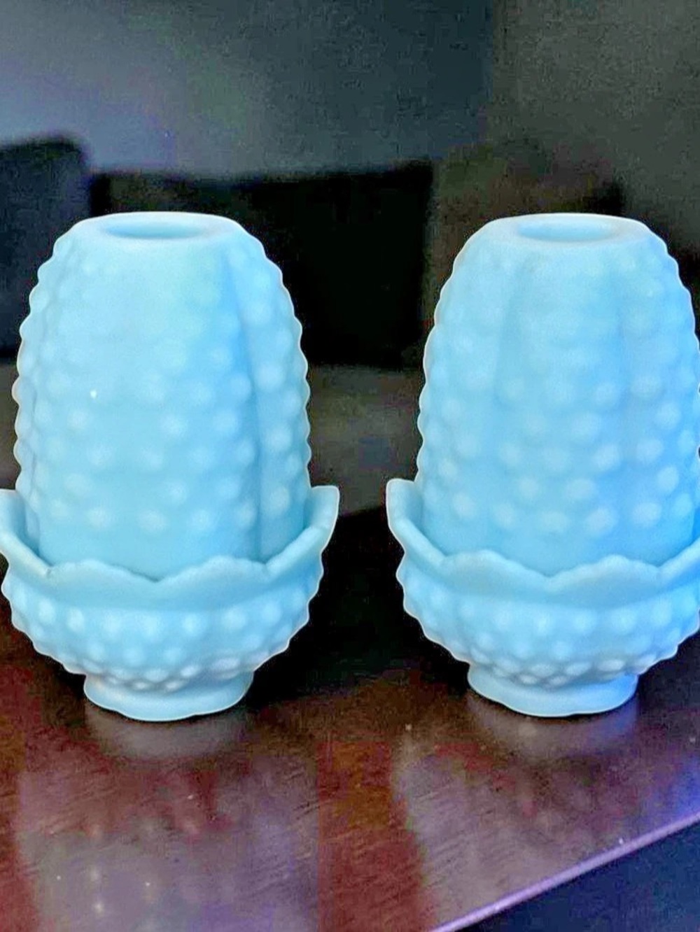Fenton Blue Satin Hobnail Glass Vintage Fairy Lamp Pair Set Of 2